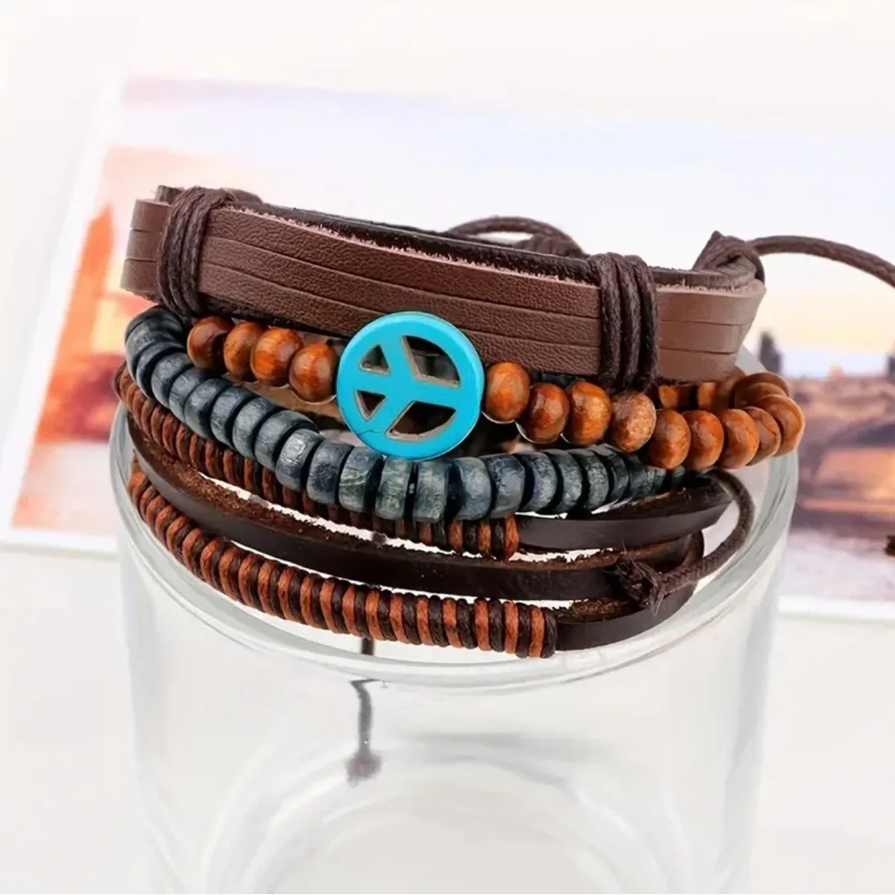 4pc Multi-layer Cool Bracelet,‎ Unisex Wooden Beads PU Leather Braided Bracelet